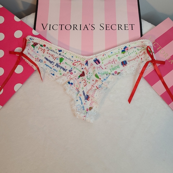 VTG VS Pout Christmas Graphic Hi-leg Side Tie Cheeky Thong Panty Size M - Picture 1 of 7